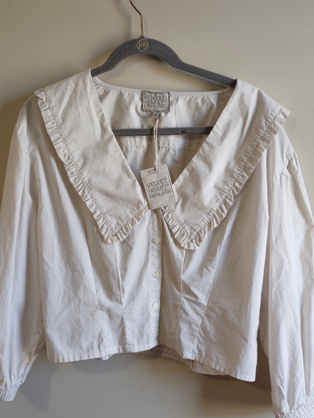 Velvet Heart 100% Linen Ruffle Statement Collar Smocked Blouse Cream NWT